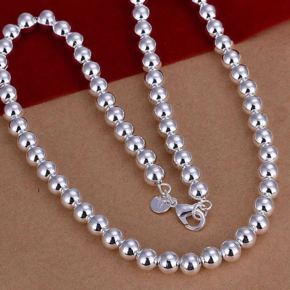 925 Sterling Silver Simple Bead Necklace 8 mm - Picture 1 of 3